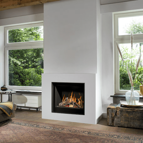 Built in gas fireplace on white wall in a modern home