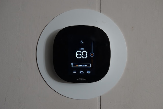 HVAC Installation - Smart thermostat displaying that the indoor temperature is set at 69 degrees Fahrenheit.